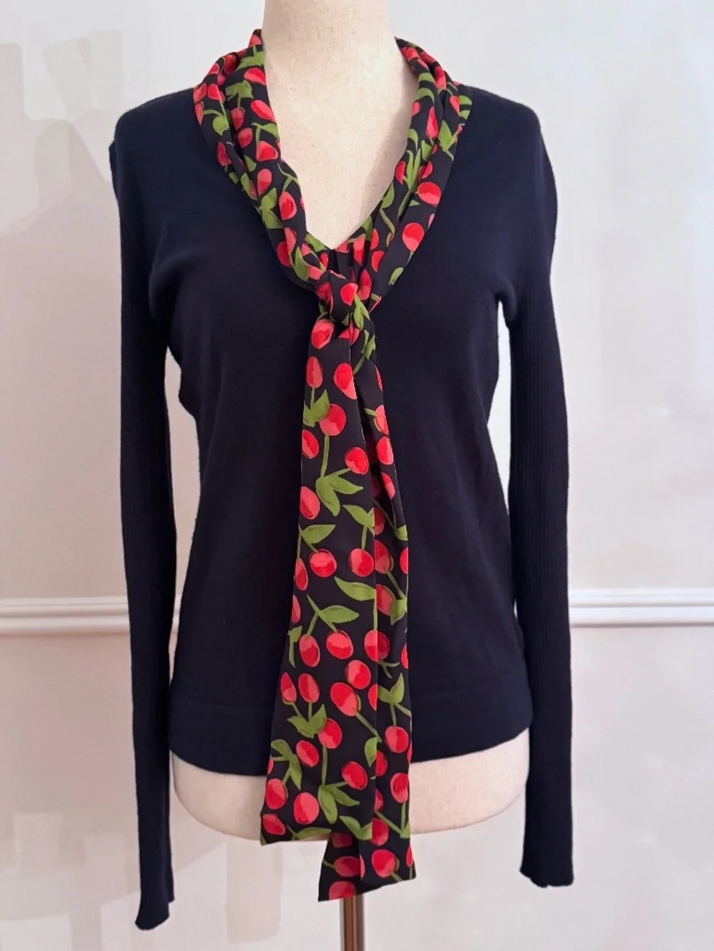 Tory Burch Navy Cardigan Cherry Print Silk Tie Cashmere Cotton XS